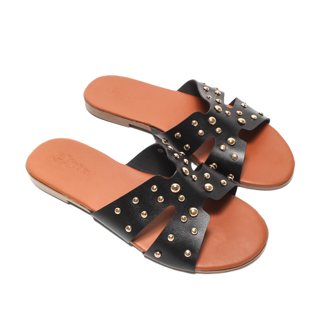 Studded Cutout Strap Slipper – Black