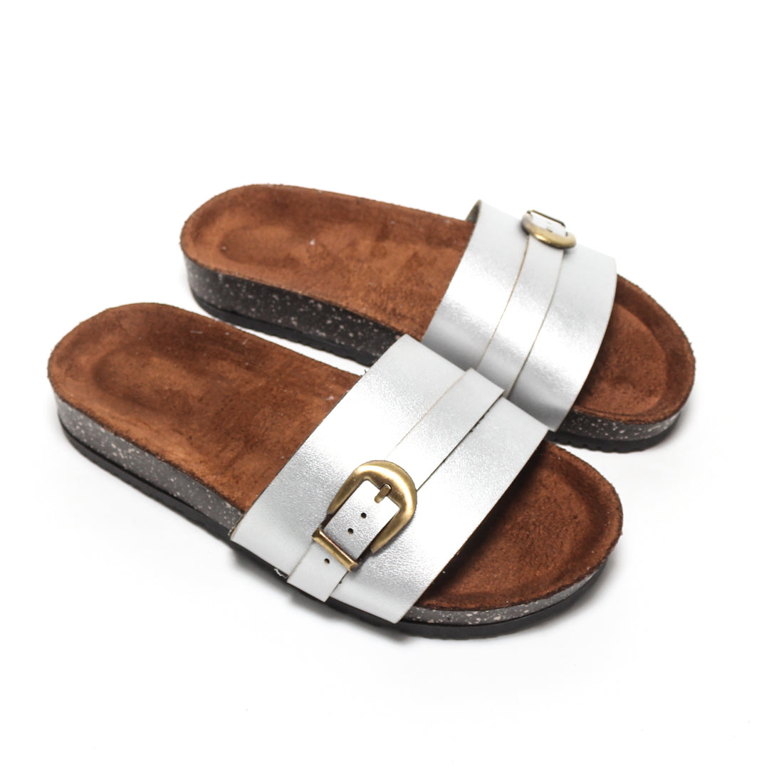 Single Buckle Comfort Slipper – Silver