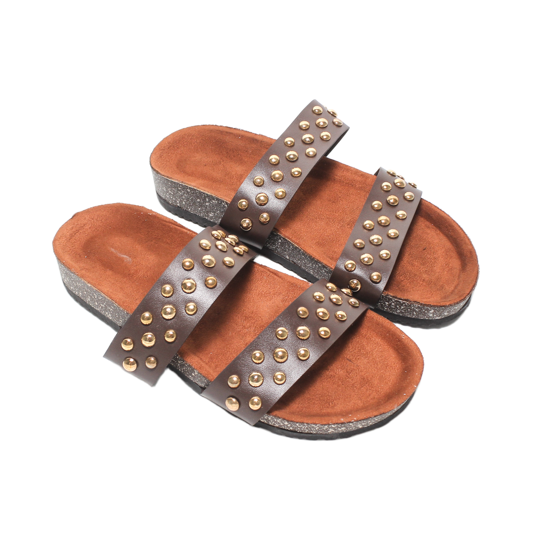 Studded Double Strap Comfort Slipper – Brown