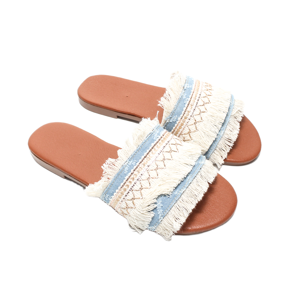 Fringed Woven Canvas Slipper – Light Blue