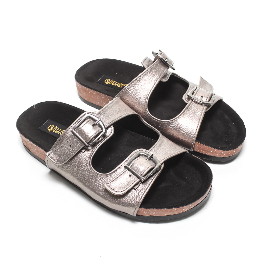 Metallic Double Buckle Slipper – Grey