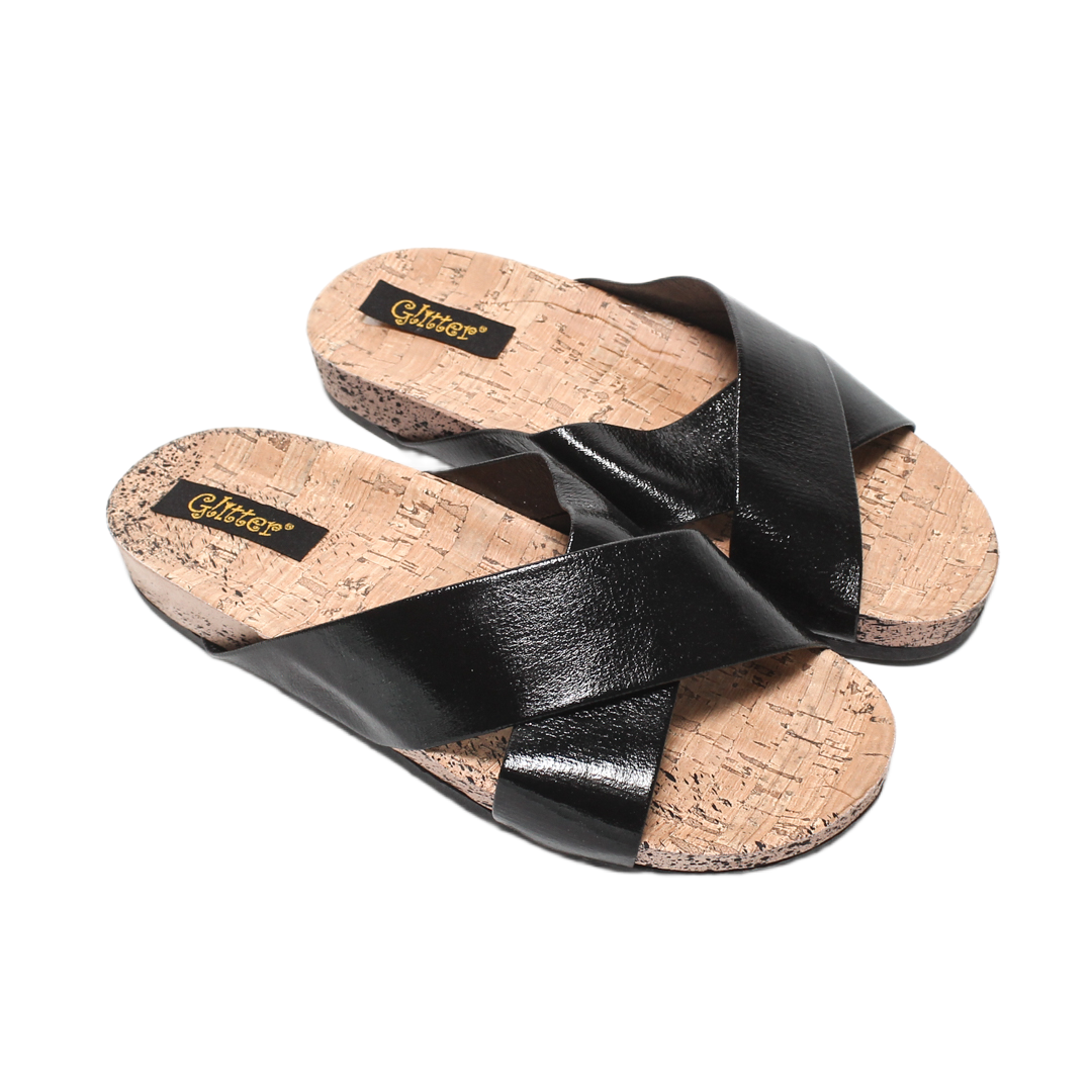 Criss Cross Cork Footbed Slipper – Black
