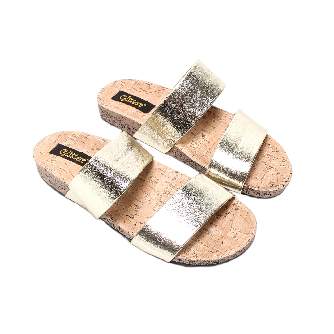 Metallic Double Strap Cork Footbed Slipper – Gold