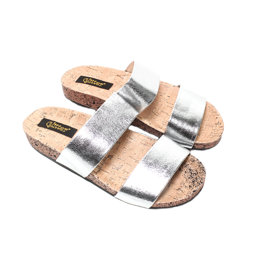Metallic Double Strap Cork Footbed Slipper – Silver