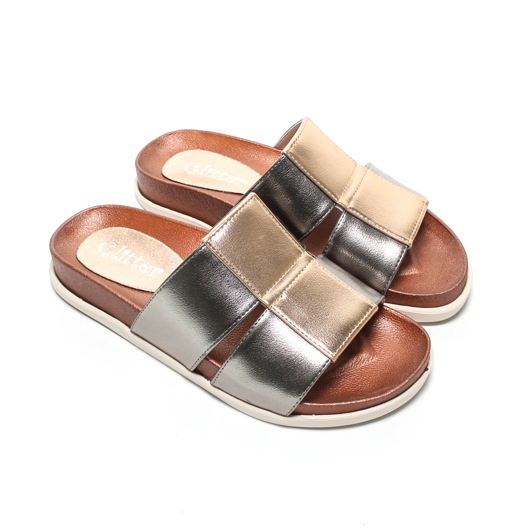 Metallic Color Block Double Strap Slippers – Bronze