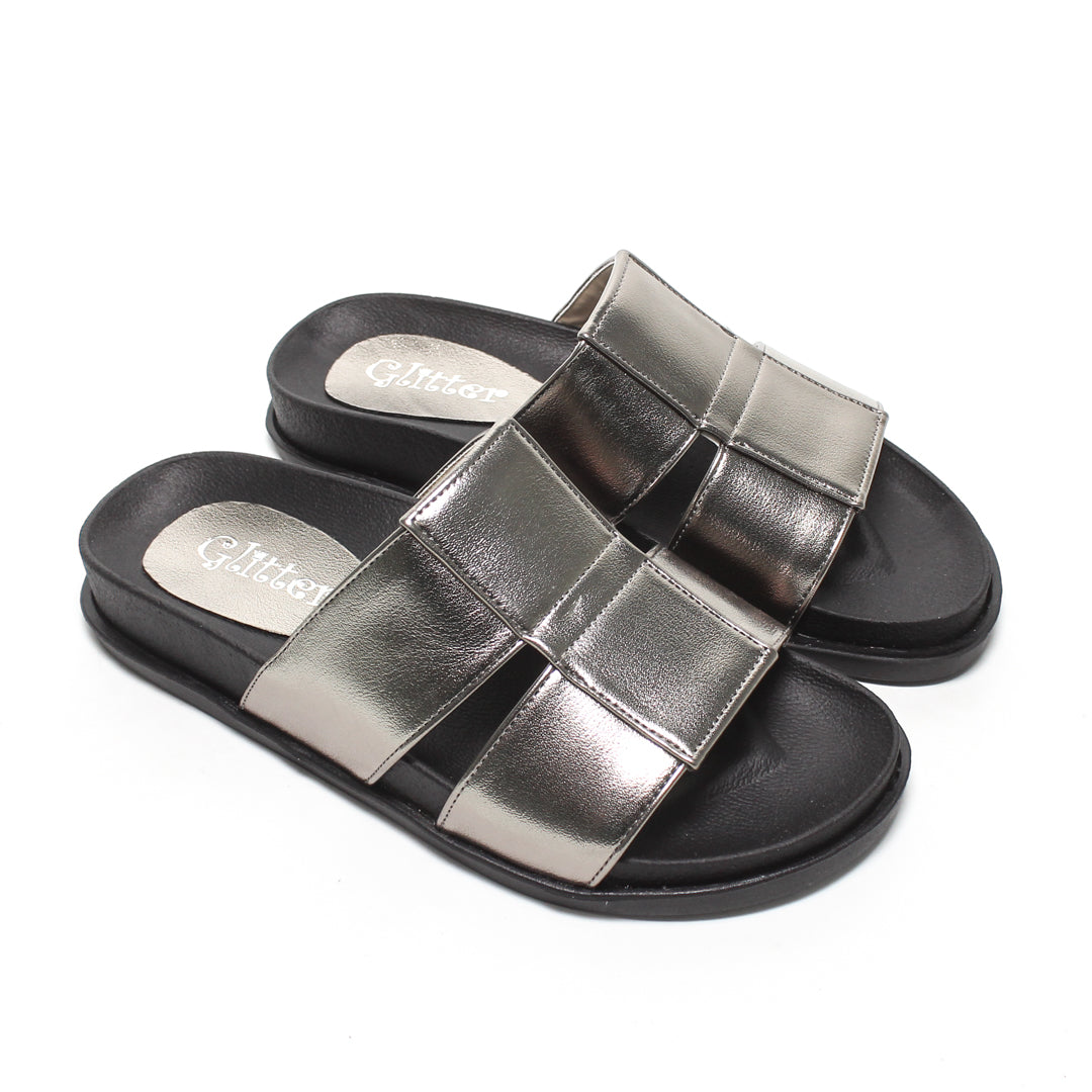 Metallic Color Block Slippers – Grey