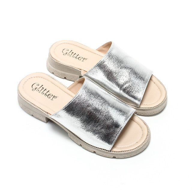 Metallic Faux Leather Slippers - Silver