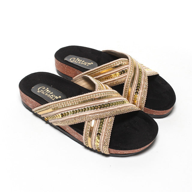 Cross Strap Embellished Slide Slippers - Beige