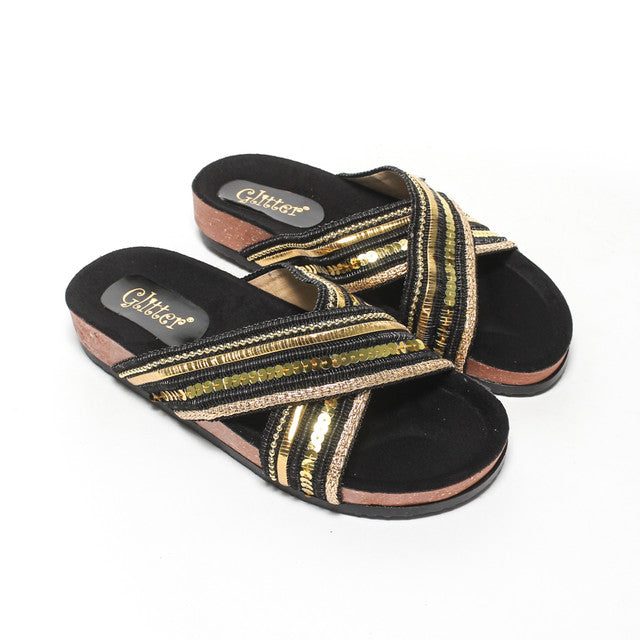 Cross Strap Embellished Slide Slippers - Black