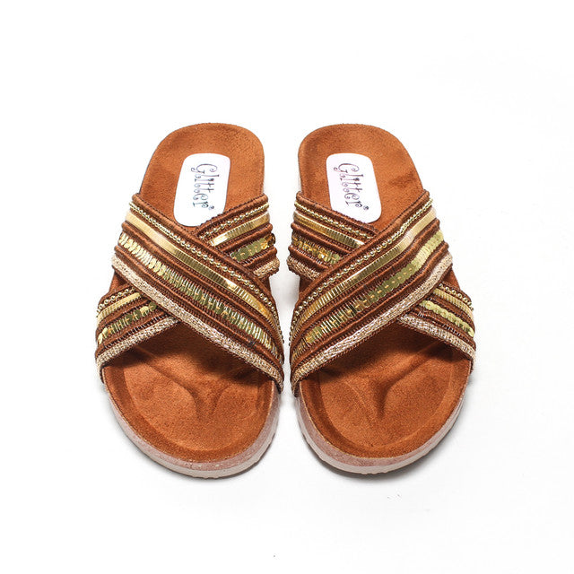 Cross Strap Embellished Comfort Slide Slippers - Camel