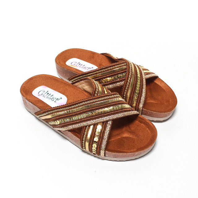 Cross Strap Embellished Comfort Slide Slippers - Camel
