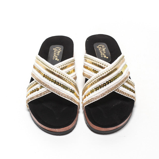 Cross Strap Embellished Slide Slippers - White