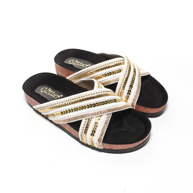 Cross Strap Embellished Slide Slippers - White