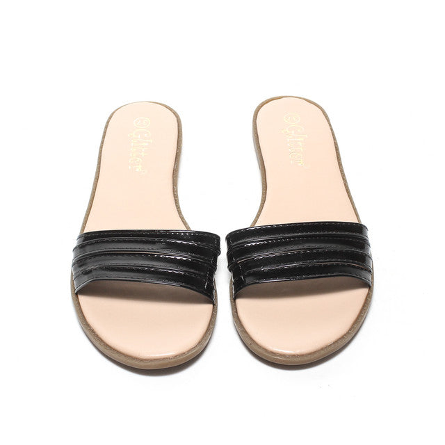 Patent Triple Strap Slide Slippers - Black