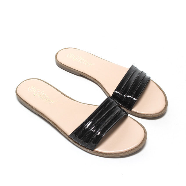 Patent Triple Strap Slide Slippers - Black