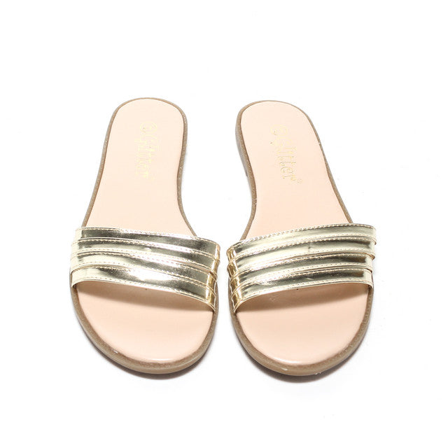Metallic Triple Strap Slide Slippers - Gold