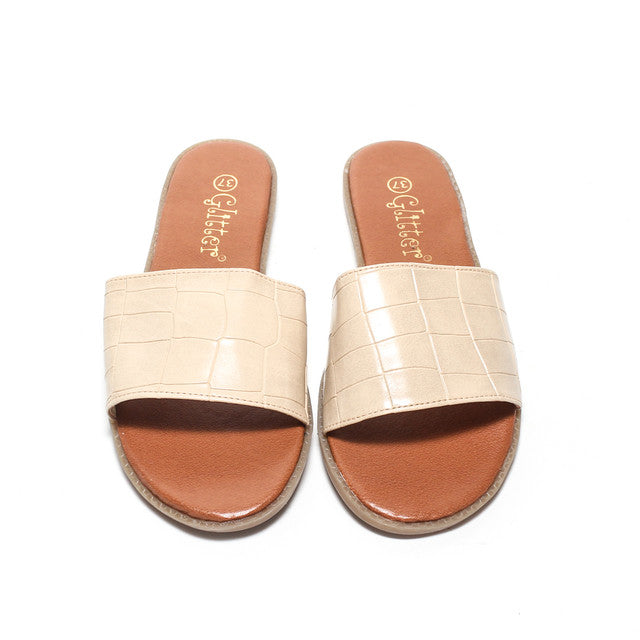 Croc Embossed Slide Slippers - Beige