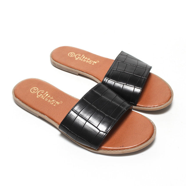 Croc Embossed Slide Slippers - Black