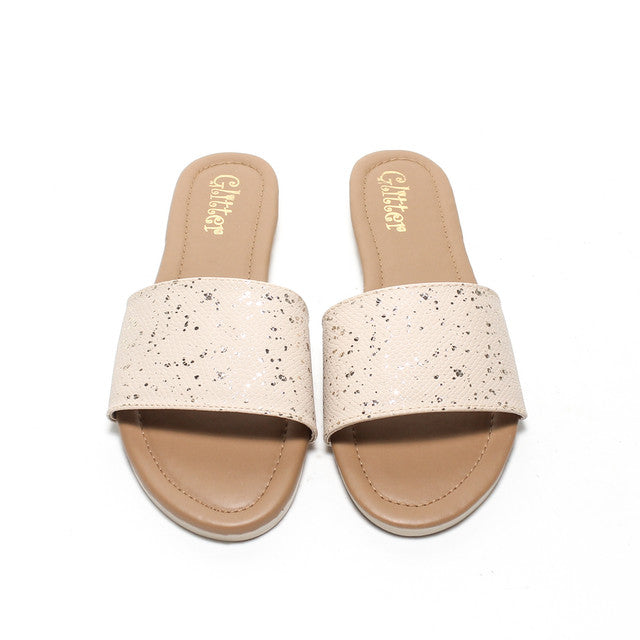 Speckled Faux Leather Slide Slippers - Beige
