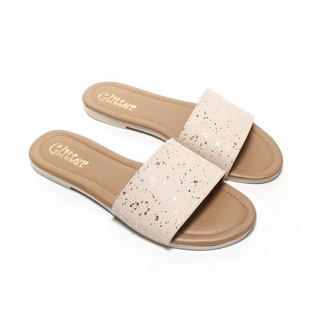 Speckled Faux Leather Slide Slippers - Beige