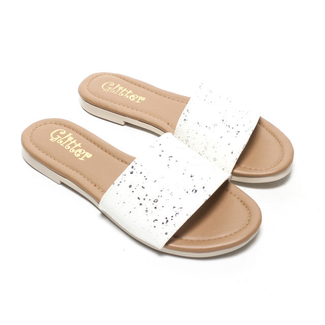 Speckled Faux Leather Slide Slippers - White