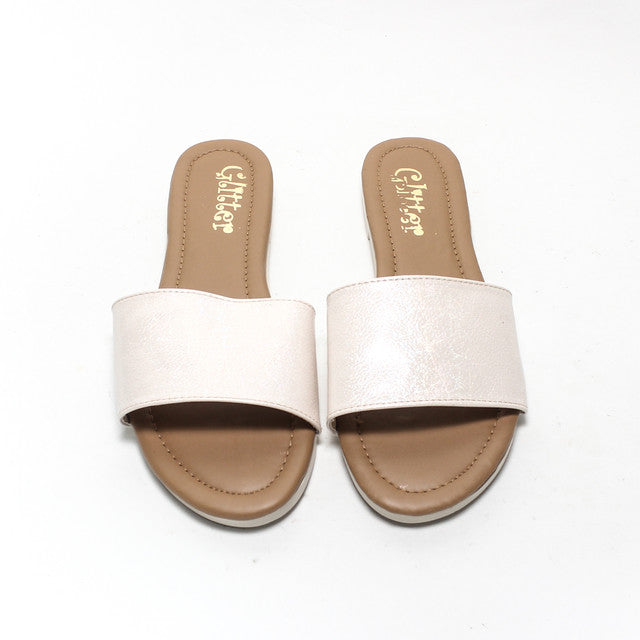 Shimmer Faux Leather Slide Slippers - Beige