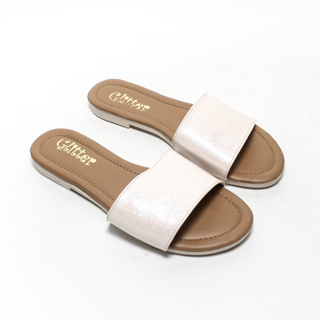 Shimmer Faux Leather Slide Slippers - Beige