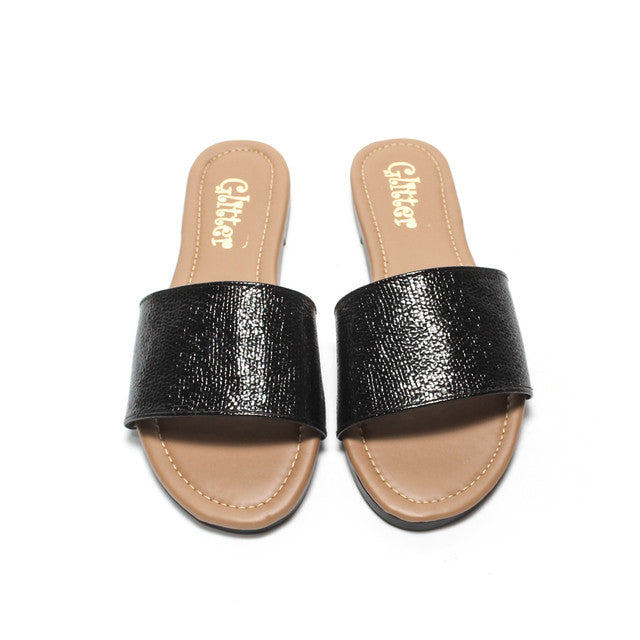 Shimmer Faux Leather Slide Slippers - Black