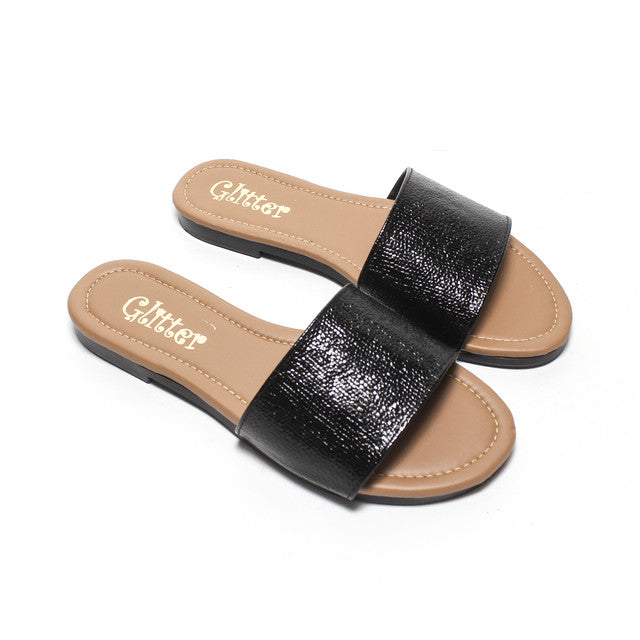 Shimmer Faux Leather Slide Slippers - Black
