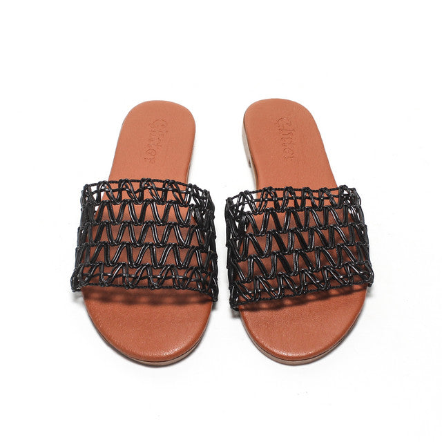 Woven Mesh Slide Slippers - Black