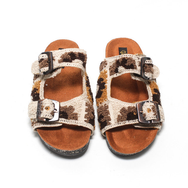 Leopard Print Double Buckle Slippers - Beige