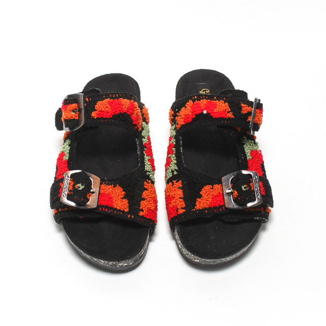 Leopard Print Double Buckle Slippers - Black