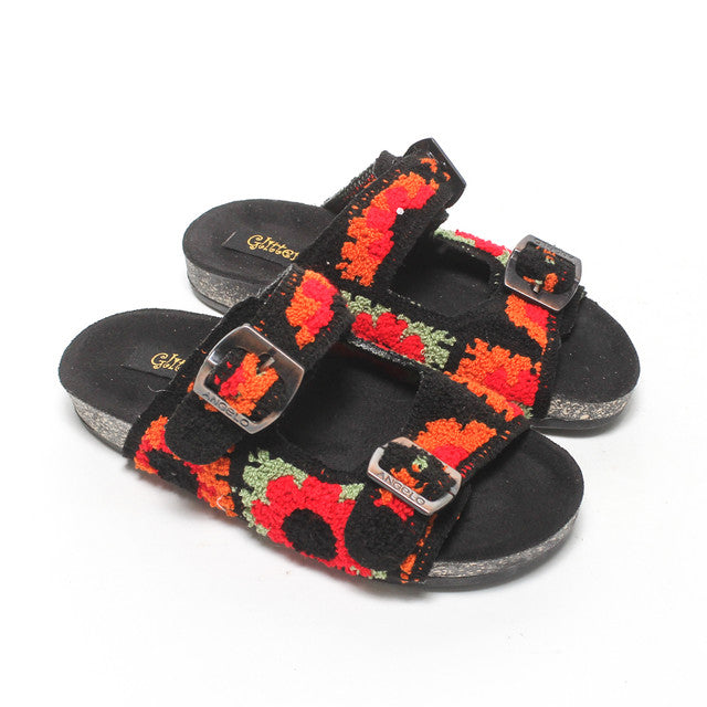 Leopard Print Double Buckle Slippers - Black