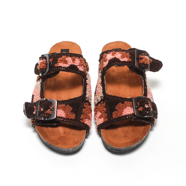 Leopard Print Double Buckle Slippers - Brown