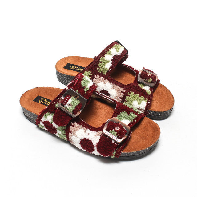 Floral Pattern Double Buckle Slippers - Burgundy