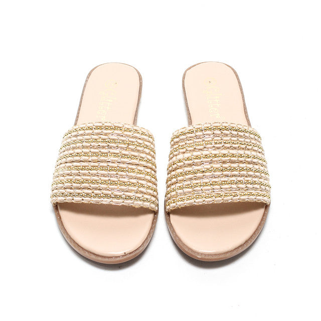 Beaded Strap Slide Slippers - Beige