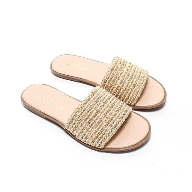 Beaded Strap Slide Slippers - Beige