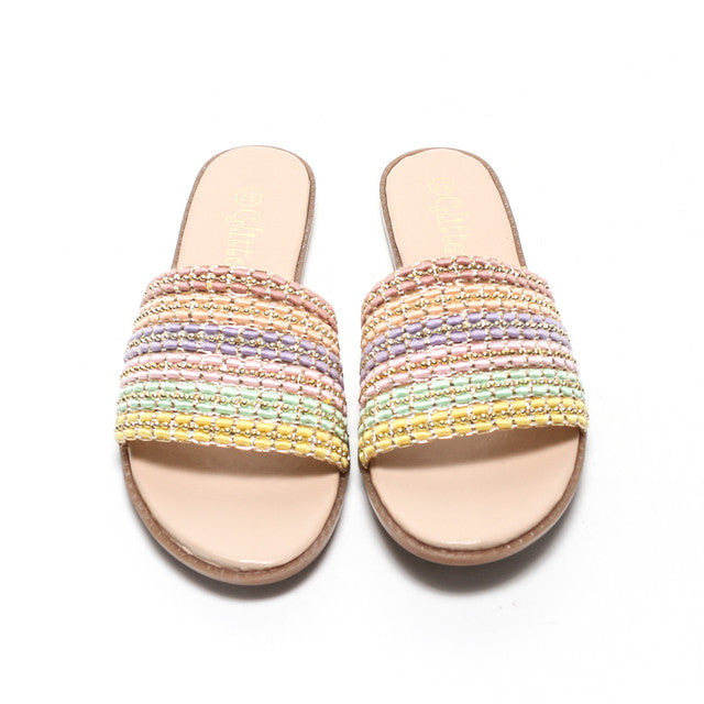 Rainbow Beaded Strap Slide Slippers - Multicolor