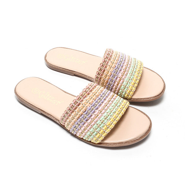 Rainbow Beaded Strap Slide Slippers - Multicolor