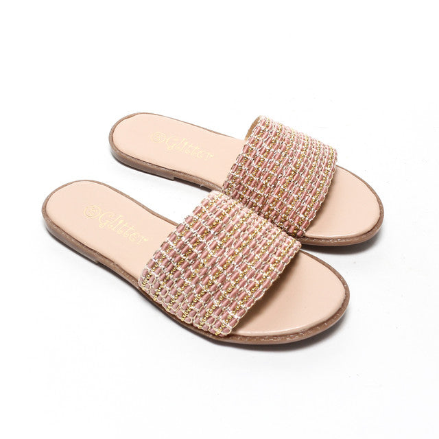 Beaded Strap Slide Slippers - Pink