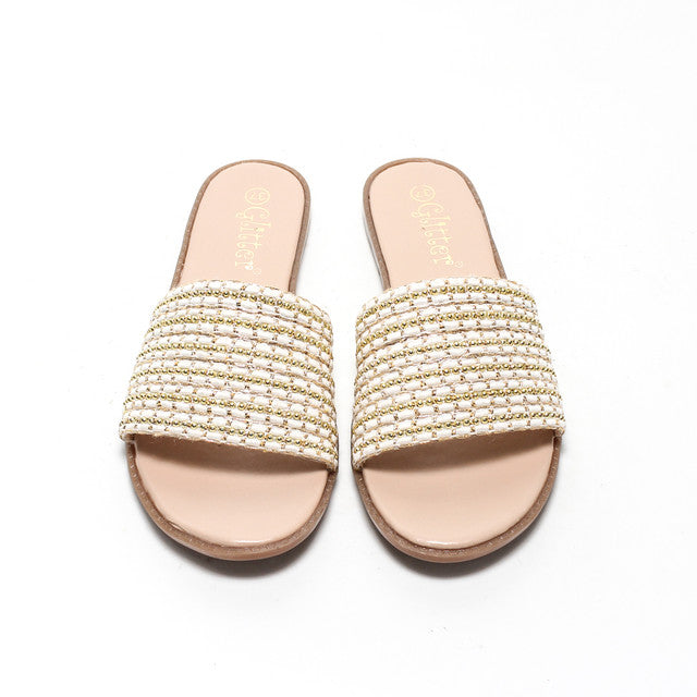 Beaded Strap Slide Slippers - White