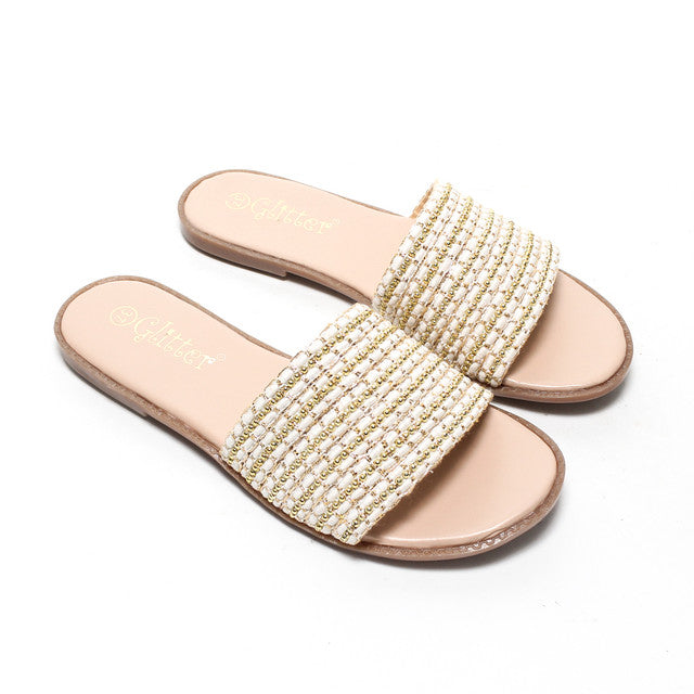 Beaded Strap Slide Slippers - White
