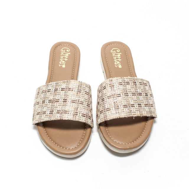 Textured Strap Slide Slippers - Beige