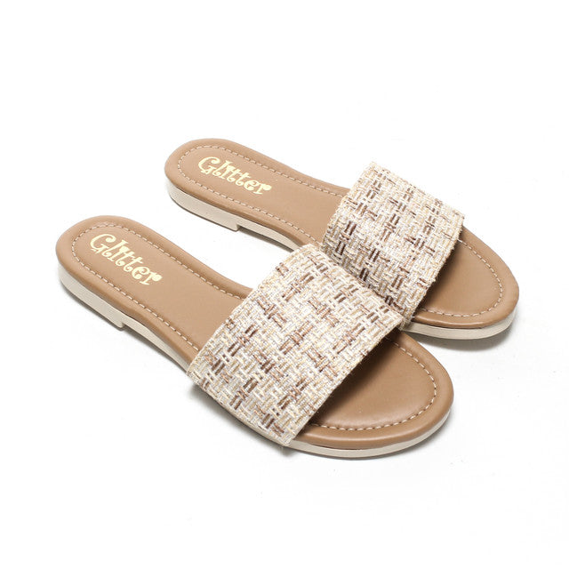 Textured Strap Slide Slippers - Beige