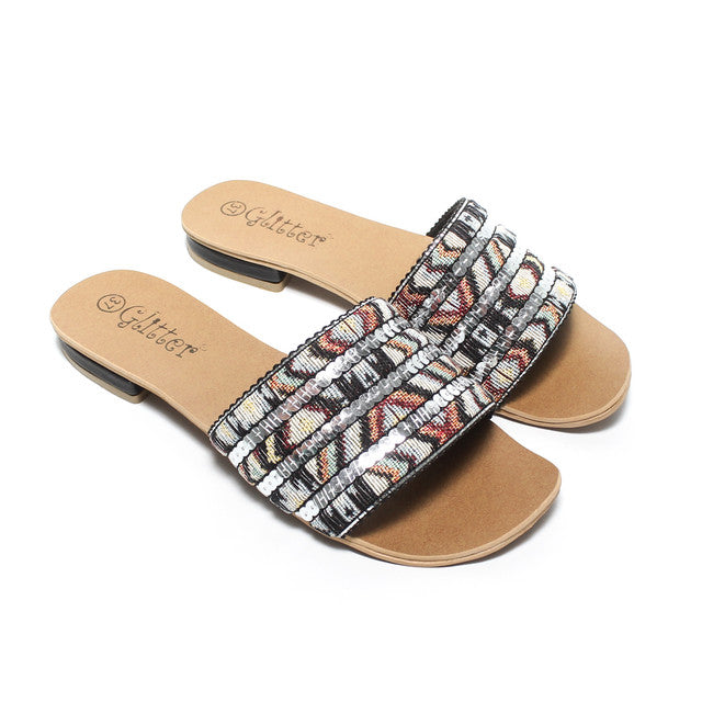 Patterned Multi-Strap Slippers - Black