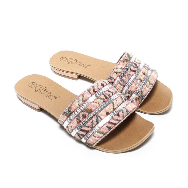 Patterned Multi-Strap Slippers - Pink