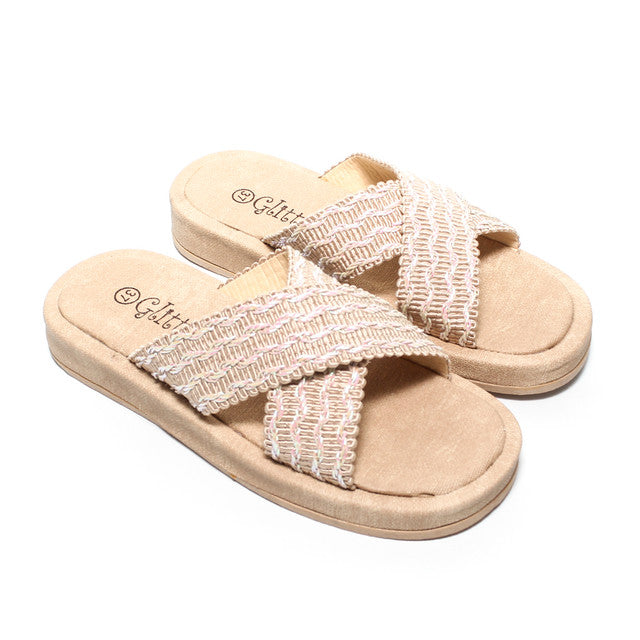 Textured Cross-Strap Slippers - Beige