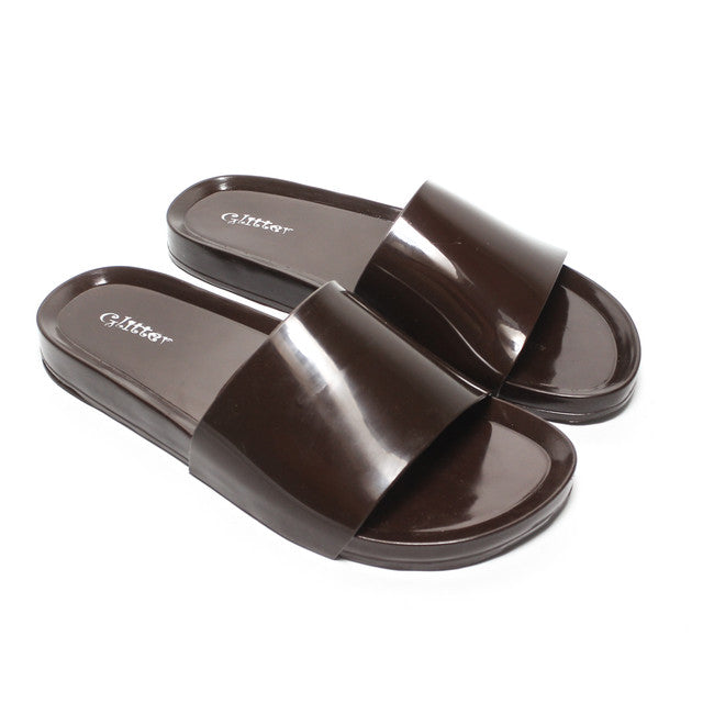 Glossy Slide Slippers - Brown