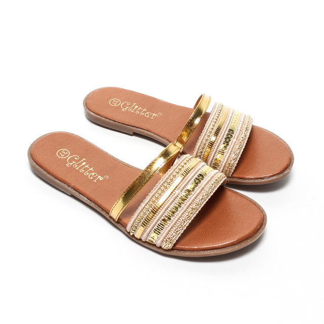 Metallic Multi-Strap Slippers - Beige