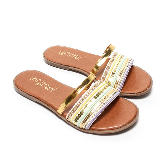 Metallic Multi-Strap Slippers - Multicolour